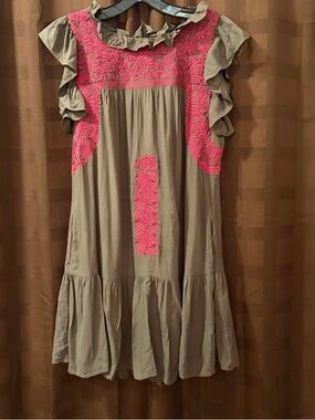 J Marie Teal and Pink Long Sleeve Embroidered Dress - Size Small